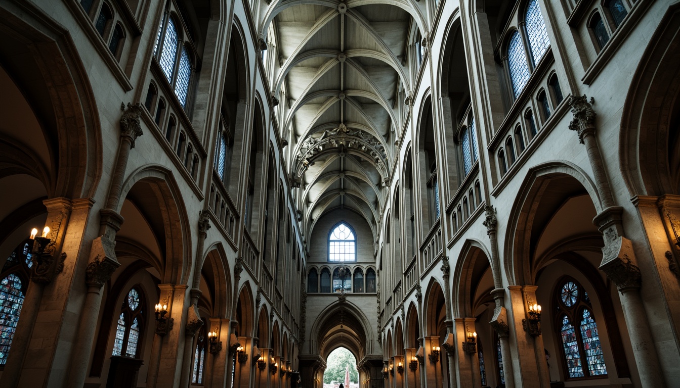 Prompt: Grand cathedral, ornate stone carvings, mythical gargoyles, grotesque creatures, water-spouting mouths, gothic arches, ribbed vaults, stained glass windows, intricate tracery, flying buttresses, imposing spires, weathered stone surfaces, mysterious ambiance, dramatic lighting, low-angle shot, atmospheric perspective, cinematic composition.