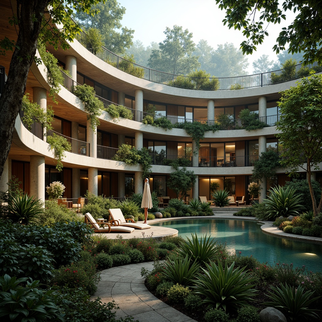 Prompt: Organic architecture, curved lines, natural stone walls, wooden accents, lush green roofs, living walls, botanical gardens, tropical plants, vines crawling up columns, earthy color palette, warm ambient lighting, shallow depth of field, 3/4 composition, panoramic view, realistic textures, ambient occlusion, forest surroundings, misty morning, soft diffused light.