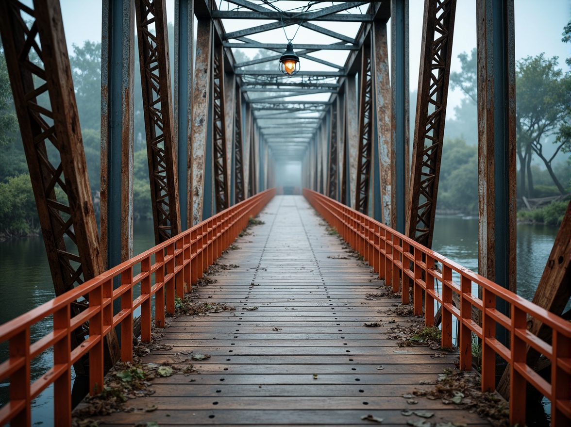 Prompt: Rustic bridge, industrial metal beams, weathered wooden planks, warm earthy tones, muted blue-grey steel, rich brown wood accents, vibrant orange safety railings, subtle greenery, misty riverbank atmosphere, soft natural lighting, shallow depth of field, 1/2 composition, realistic textures, ambient occlusion.