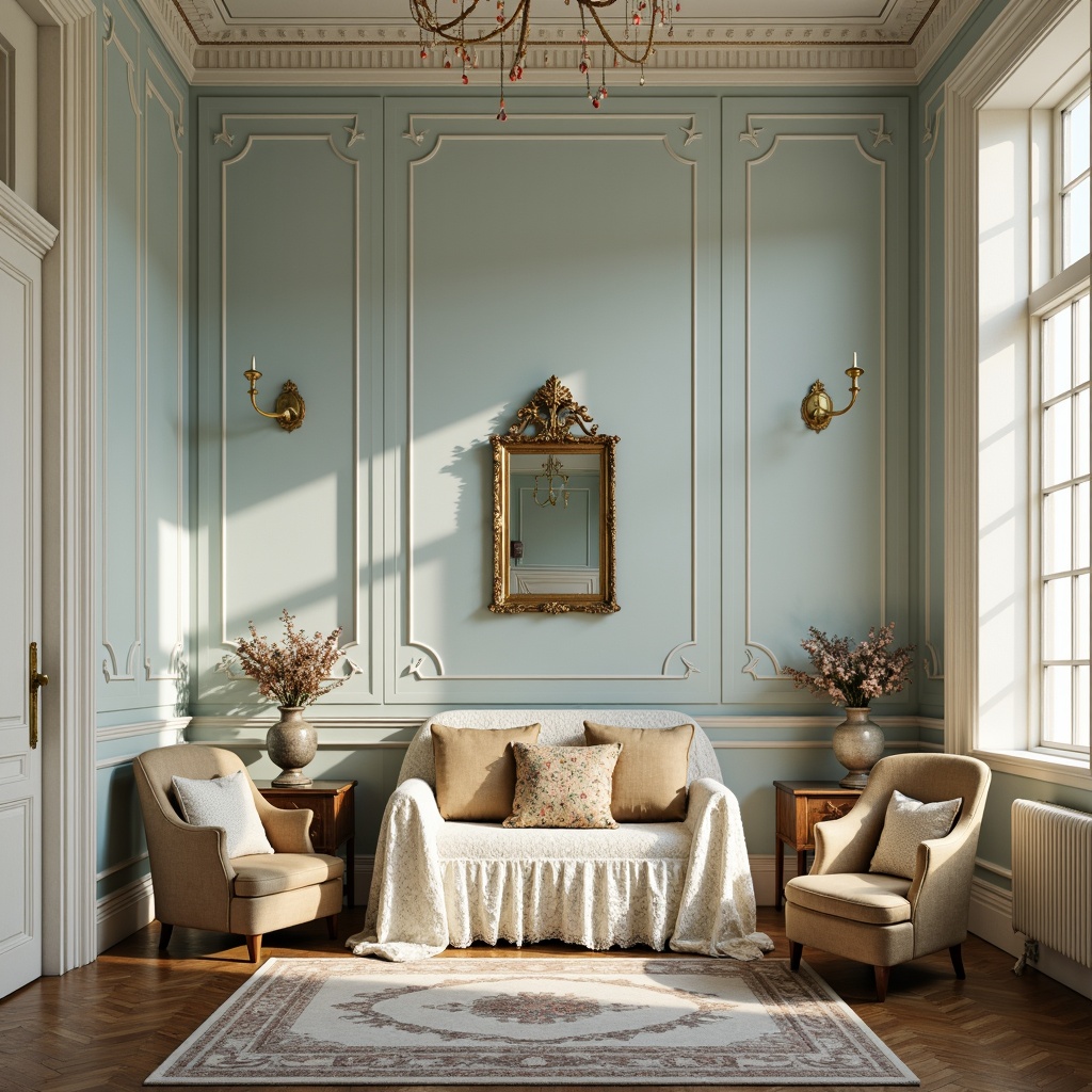 Prompt: Soft baby blue walls, creamy white trim, warm beige furniture, subtle gold accents, delicate lace patterns, intricate floral motifs, natural wood flooring, gentle morning light, shallow depth of field, 1/2 composition, intimate atmosphere, romantic ambiance, vintage-inspired decor, distressed finishes, ornate mirrors, luxurious velvet fabrics.