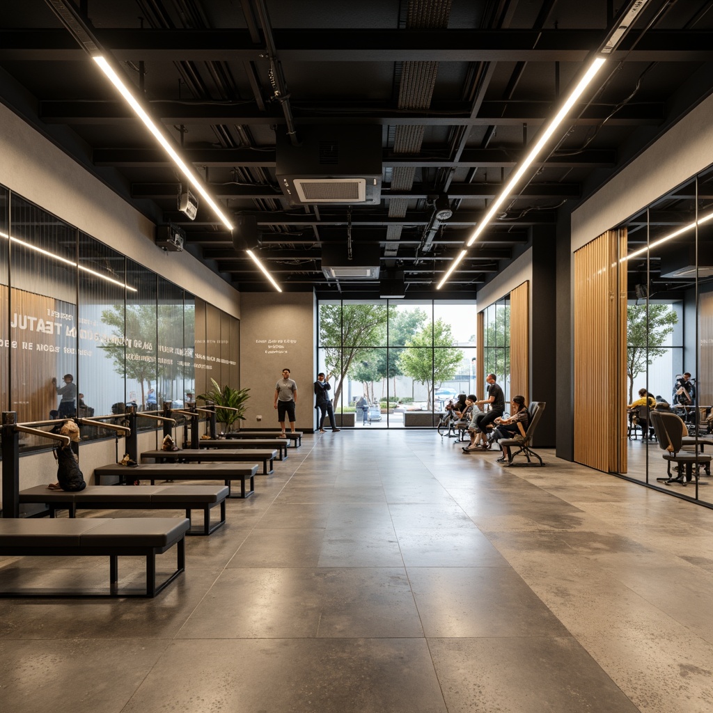 Prompt: Minimalist fitness club interior, industrial chic atmosphere, polished concrete floors, mirrored walls, sleek metal equipment, modern LED lighting, calm color palette, natural wood accents, functional layout, open spaces, minimalist decor, motivational quotes, subtle branding, industrial-style benches, rubber flooring, sound-absorbing panels, high ceilings, abundant natural light, soft shadows, 1/1 composition, symmetrical framing, realistic textures, ambient occlusion.