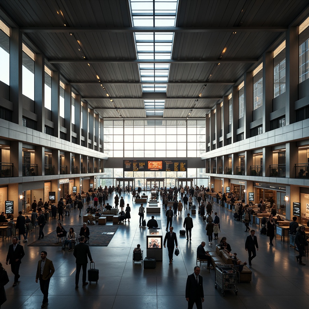 Prompt: Busy transportation hub, modern architecture, sleek lines, metallic surfaces, bustling atmosphere, crowds of people, luggage carts, departure boards, ticketing systems, security checkpoints, comfortable seating areas, natural light, high ceilings, urban landscape, cityscape views, morning rush hour, soft warm lighting, shallow depth of field, 1/2 composition, wide-angle lens, realistic textures, ambient occlusion.