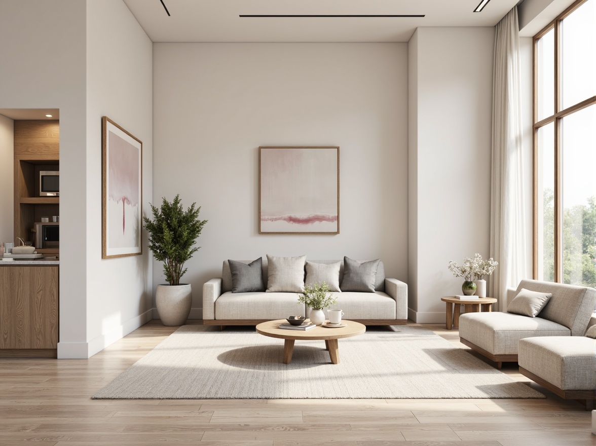 Prompt: Monochromatic color scheme, soft whites, creamy beiges, pale grays, subtle blush tones, natural wood textures, sleek metal accents, minimalist decor, sparse furniture arrangements, abundant negative space, warm ambient lighting, shallow depth of field, 1/1 composition, realistic renderings, subtle noise effects.