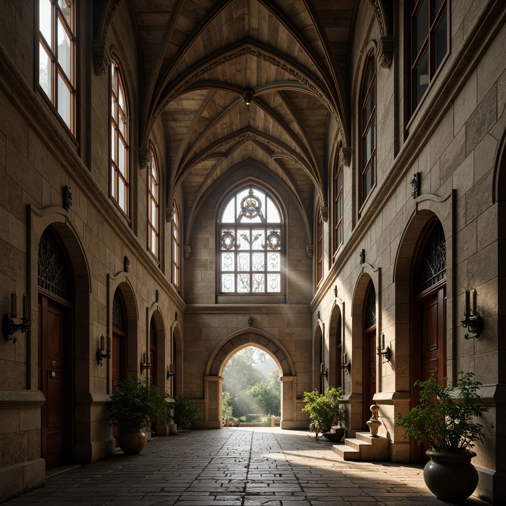 Prompt: Rustic university campus, historic Gothic architecture, weathered stone walls, ornate stone carvings, pointed arches, ribbed vaults, grand entrance halls, wooden doors with iron hardware, stained glass windows, intricate stone tracery, mystical ambiance, soft warm lighting, shallow depth of field, 3/4 composition, atmospheric mist, realistic textures, ambient occlusion.