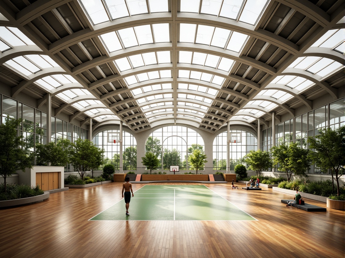 Prompt: Modern gymnasium interior, translucent roof panels, natural daylight, soft diffused lighting, polished wooden floors, sleek metallic beams, minimalist decor, vibrant athletic colors, dynamic sports equipment, basketball hoops, tennis courts, running tracks, spectator seating areas, acoustic ceiling tiles, sound-absorbing materials, panoramic windows, clerestory windows, abundant greenery, lush plants, warm atmospheric ambiance, shallow depth of field, 1/2 composition, realistic textures, ambient occlusion.