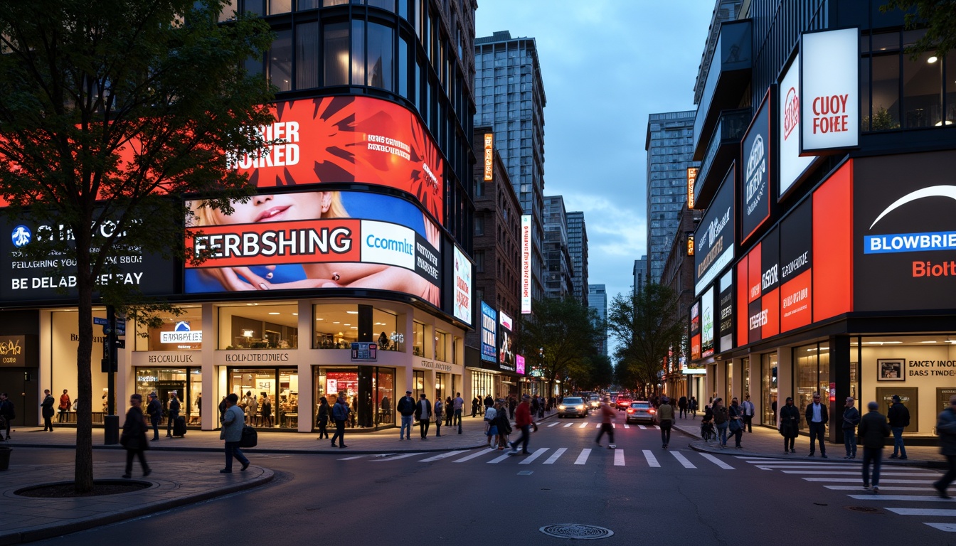 Prompt: Vibrant commercial signage, sleek modern font styles, bold colorful graphics, backlit LED displays, metallic finishes, urban cityscape backgrounds, busy street intersections, daytime natural lighting, shallow depth of field, 1/2 composition, realistic reflections, ambient occlusion.