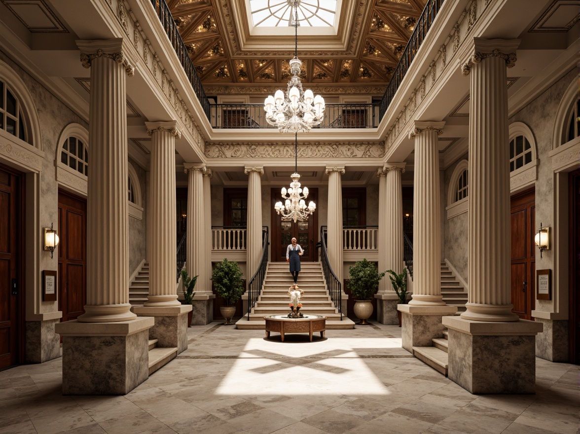 Prompt: Grandiose bank building, neoclassical columns, ornate capitals, intricately carved details, symmetrical fa\u00e7ade, rusticated stone base, grand entrance, sweeping staircases, high ceilings, marble floors, polished wood paneling, elegant chandeliers, refined architectural proportions, subtle lighting accents, shallow depth of field, 2/3 composition, realistic textures, ambient occlusion.