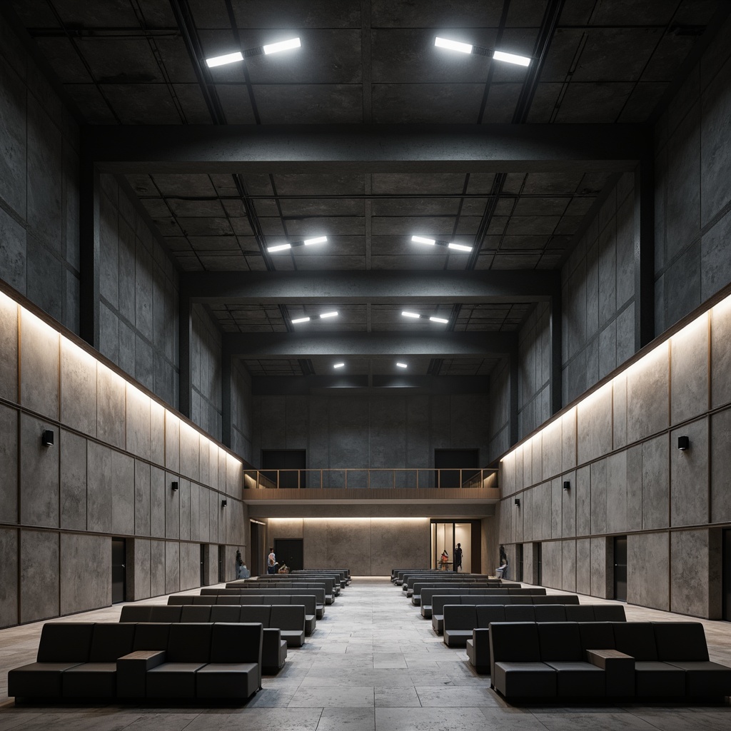 Prompt: Raw concrete walls, exposed ductwork, industrial metal beams, minimalist seating, dramatic spotlights, reverberant sound reflections, acoustic panels, sound-absorbing materials, brutalist architecture, grandiose high ceilings, sweeping arches, rectangular shapes, cold monochromatic color scheme, low-key ambient lighting, 1/1 composition, symmetrical framing, realistic textures, subtle camera movements, cinematic atmosphere.