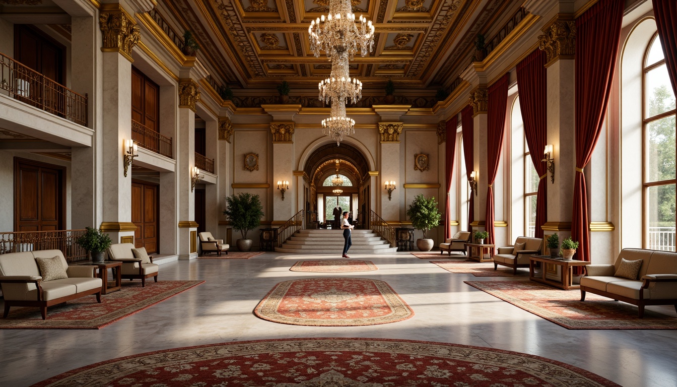 Prompt: Elegant marble columns, ornate golden ornaments, luxurious velvet drapes, richly patterned rugs, intricately carved wooden panels, polished bronze fixtures, crystal chandeliers, soft warm lighting, shallow depth of field, 3/4 composition, panoramic view, realistic textures, ambient occlusion, stately grand halls, sweeping staircases, tall ceilings, ornate plasterwork, symmetrical facades, balanced proportions, harmonious color palette.