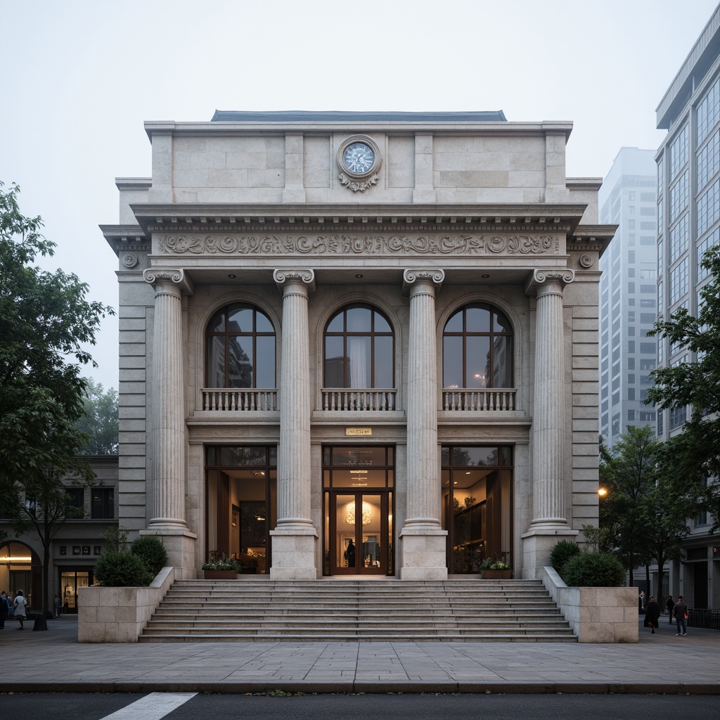 Prompt: Grandiose bank building, neoclassical facade, ornate columns, carved stone details, rusticated base, arched windows, classical pediments, symmetrical composition, subtle cornice, elegant quoins, limestone exterior, polished granite flooring, bronze entrance doors, majestic clock tower, atmospheric fog, soft morning light, shallow depth of field, 1/2 composition, realistic textures, ambient occlusion.