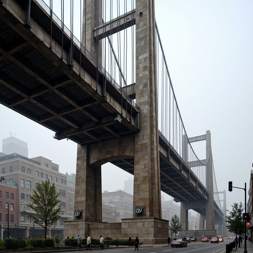 Prompt: Rustic steel bridges, industrial metal textures, weathered concrete pillars, sturdy stone foundations, modern cable-stayed systems, sleek suspension designs, silver-gray metallic hues, urban cityscape backgrounds, busy highway intersections, misty morning atmospheres, soft natural lighting, shallow depth of field, 2/3 composition, realistic reflections, ambient occlusion.