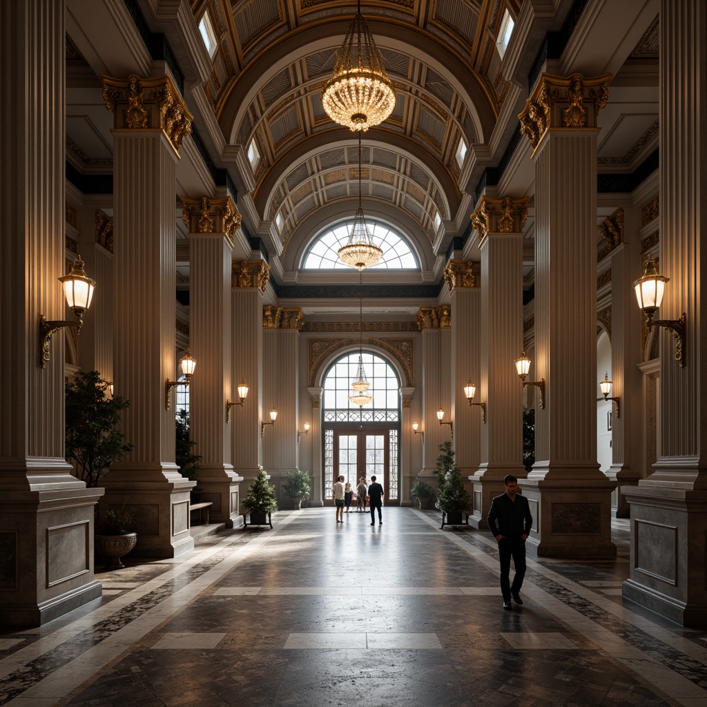 Prompt: Grandiose bank facade, imposing columns, ornate capitals, rusticated bases, symmetrical composition, majestic entrance, polished marble floors, intricate moldings, gilded details, dramatic lighting, high ceilings, ornamental chandeliers, stately atmosphere, solemn tone, classical proportions, ionic order, harmonious balance, strong verticality, contrasting textures, subtle color palette, morning natural light, soft focus, atmospheric perspective.