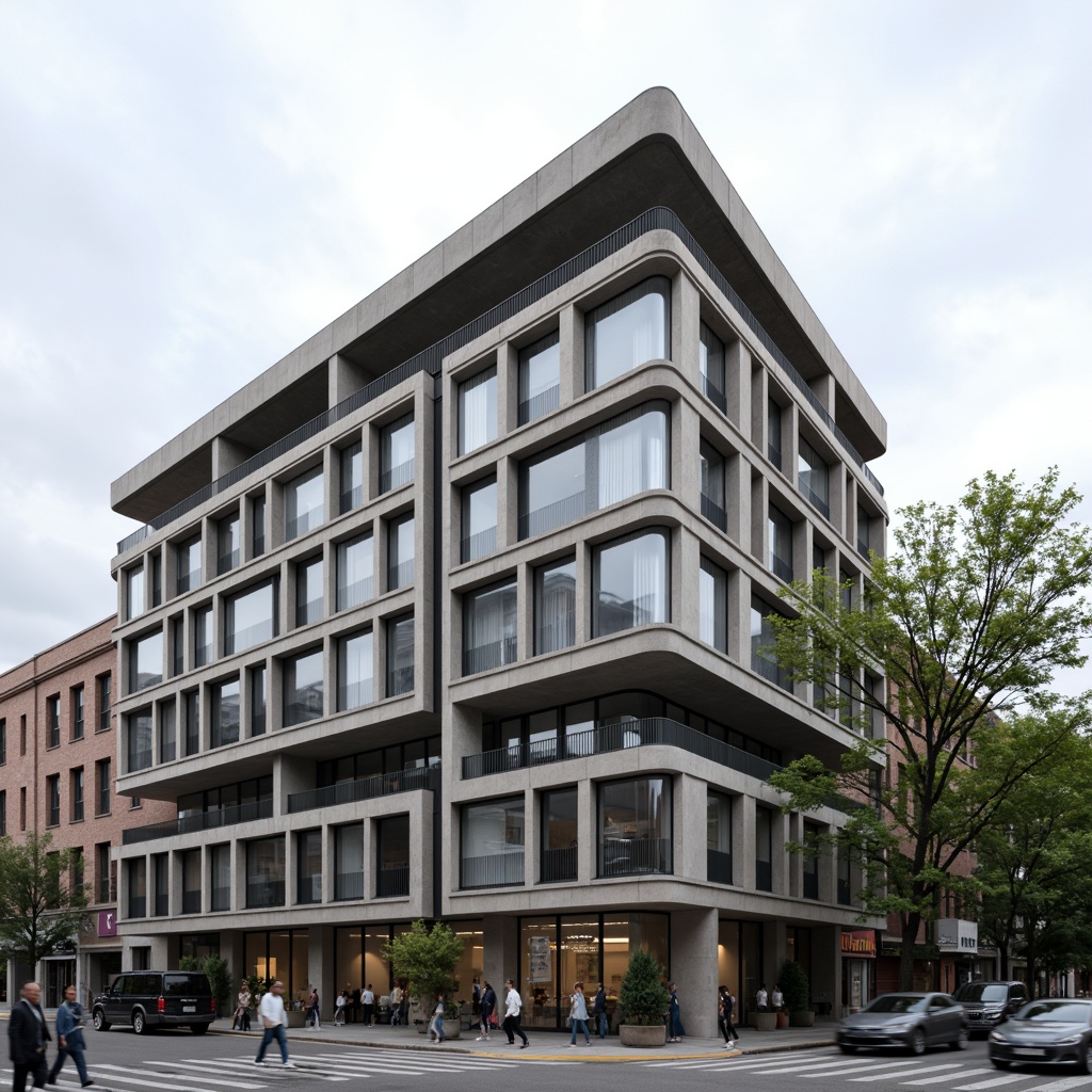 Prompt: Geometric courthouse facade, asymmetrical composition, rectangular windows, cantilevered balconies, flat roofs, industrial materials, raw concrete textures, steel frames, minimalist ornamentation, functional simplicity, urban context, busy streetscape, modern cityscape, natural light, soft shadows, 1/1 composition, low-angle shot, subtle color palette, monochromatic tones.