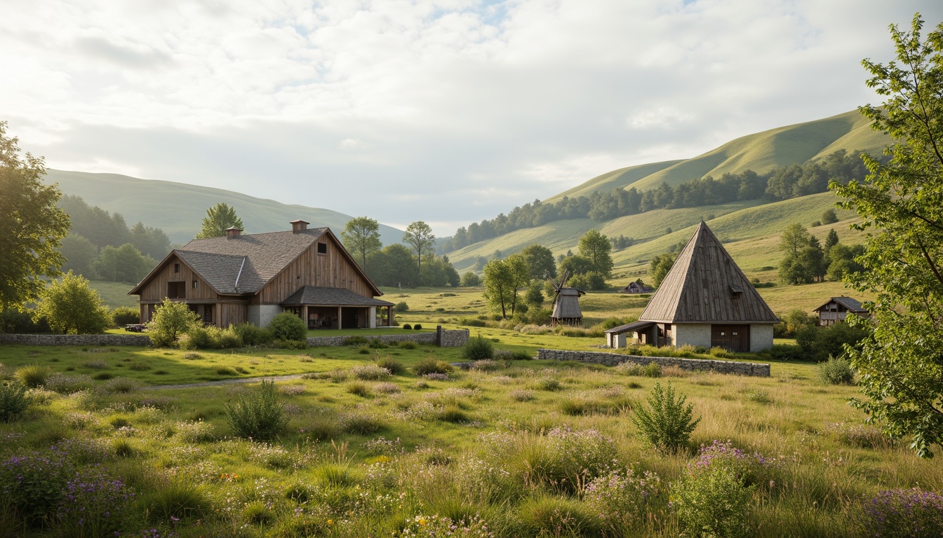 Prompt: Rustic countryside scenery, rolling hills, verdant meadows, wooden farmhouses, traditional barns, vintage windmills, natural stone walls, earthy tones, warm beige colors, soft sage greens, muted blues, weathered wood textures, distressed metal accents, whimsical wildflowers, cloudy skies, gentle sunlight, shallow depth of field, 2/3 composition, serene atmosphere, realistic renderings, ambient occlusion.