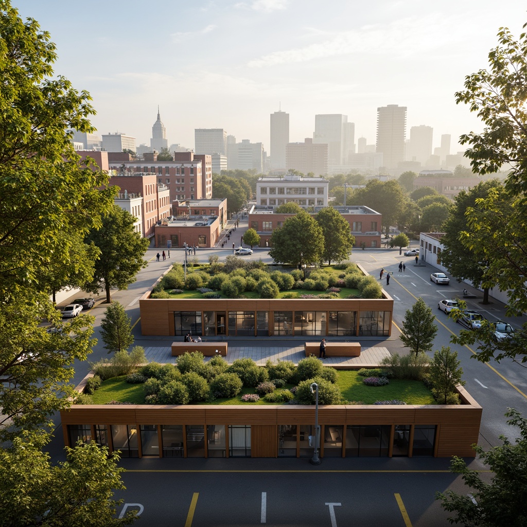 Prompt: Vibrant tram station, lush green roofs, natural stone walls, wooden accents, modern architecture, large windows, transparent glass doors, blooming trees, urban landscape, busy streetscape, city skyline, misty morning atmosphere, soft warm lighting, shallow depth of field, 3/4 composition, panoramic view, realistic textures, ambient occlusion.