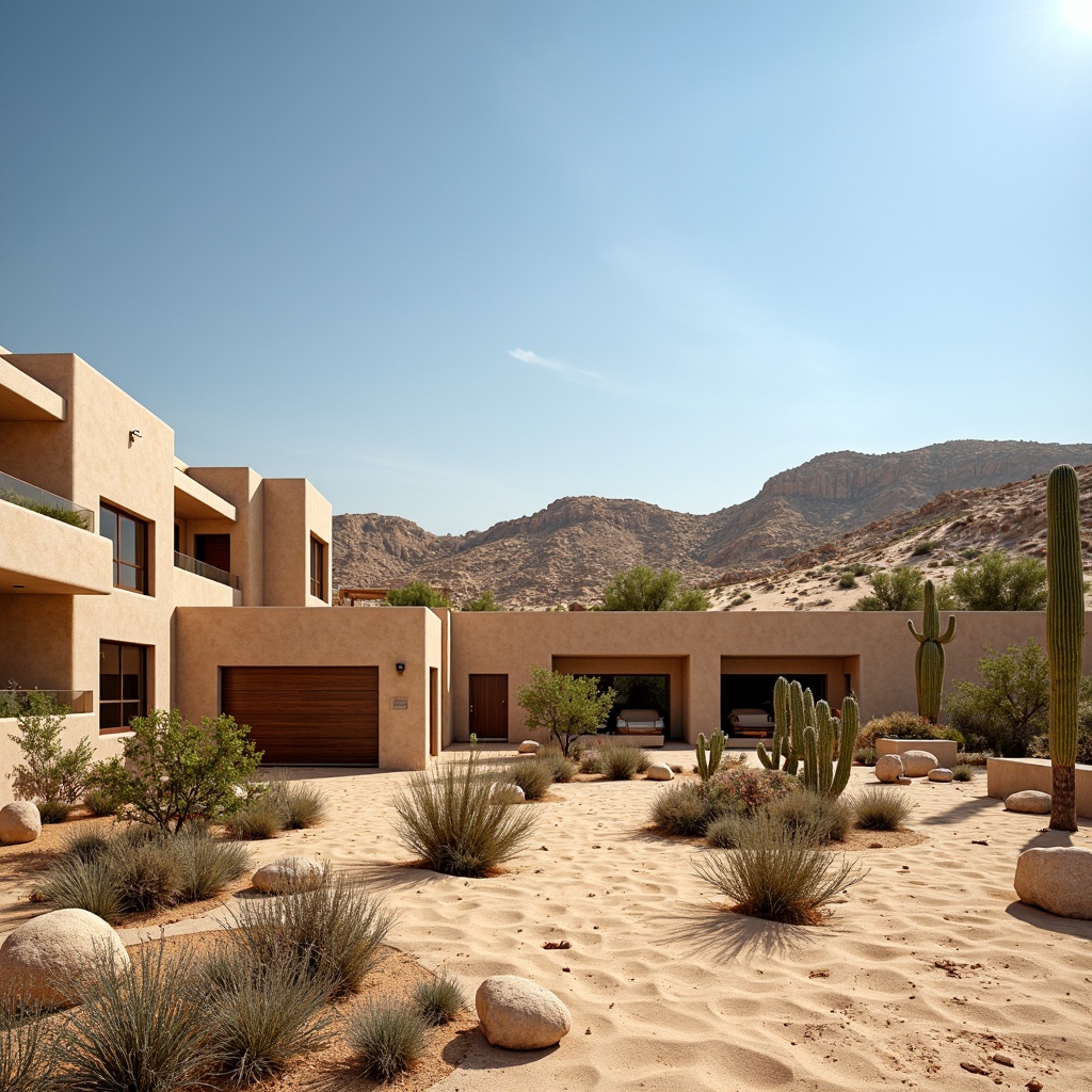 Prompt: Desert oasis, sandy dunes, cactus plants, hot sunny day, clear blue sky, vast open space, modern eco-friendly architecture, earthy adobe buildings, recycled metal structures, rammed earth walls, low-carbon concrete, solar panels, wind turbines, green roofs, living walls, water harvesting systems, shaded outdoor spaces, misting systems, Arabic-inspired patterns, vibrant colorful textiles, intricate geometric motifs, natural ventilation systems, energy-efficient appliances, sustainable wood furnishings, reclaimed wood accents, eco-friendly insulation materials, organic gardens, native desert flora.