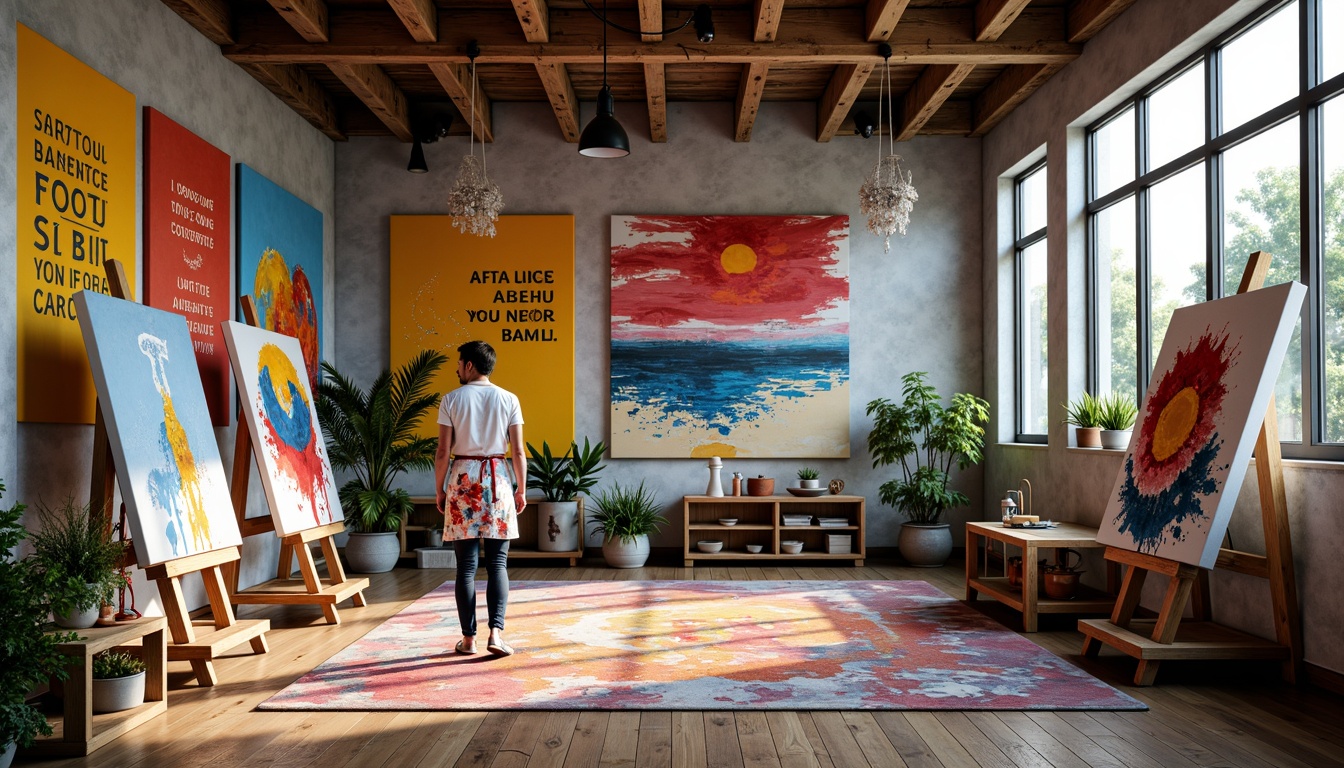 Prompt: Vibrant art studio, eclectic color palette, bold brushstrokes, textured canvases, artistic easels, paint-splattered aprons, inspirational quotes, natural wood floors, large windows, soft warm lighting, 3/4 composition, realistic textures, ambient occlusion.