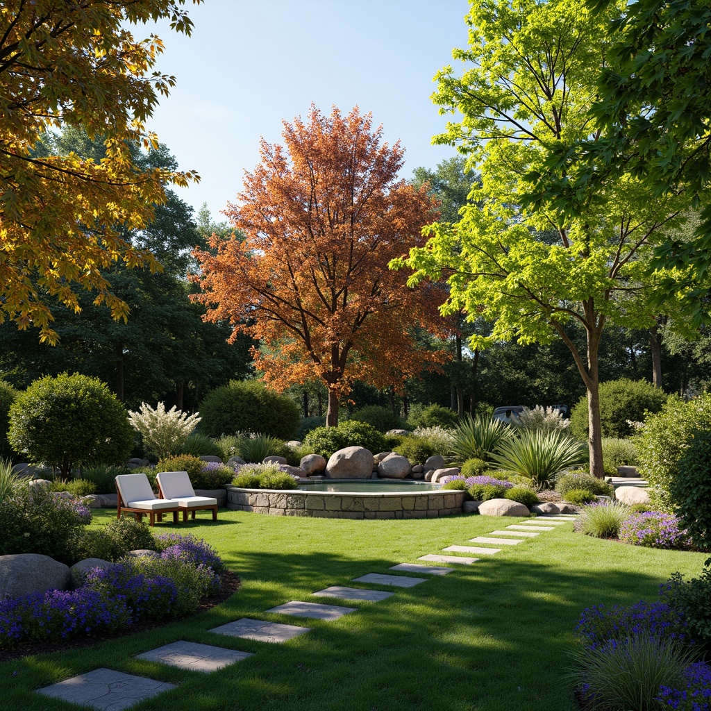 Prompt: Inviting backyard, lush green lawn, vibrant blooming flowers, ornamental trees, meandering stone pathways, rustic wooden benches, natural rock formations, serene water features, modern outdoor lighting, warm ambiance, shallow depth of field, 3/4 composition, panoramic view, realistic textures, ambient occlusion.