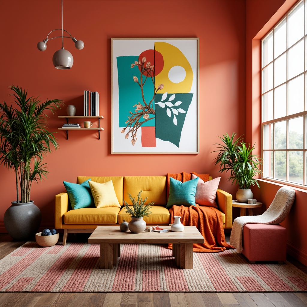 Prompt: Vibrant atmosphere, bold color scheme, bright accents, warm lighting, eclectic furniture, playful patterns, textured rugs, cozy throw blankets, lively wall art, modern abstract sculptures, whimsical decorative objects, energetic orange hues, deep coral shades, sunny yellow tones, rich turquoise accents, creamy white backgrounds, natural wood textures, industrial metal elements, airy open spaces, 1/2 composition, high contrast lighting, soft focus blur.