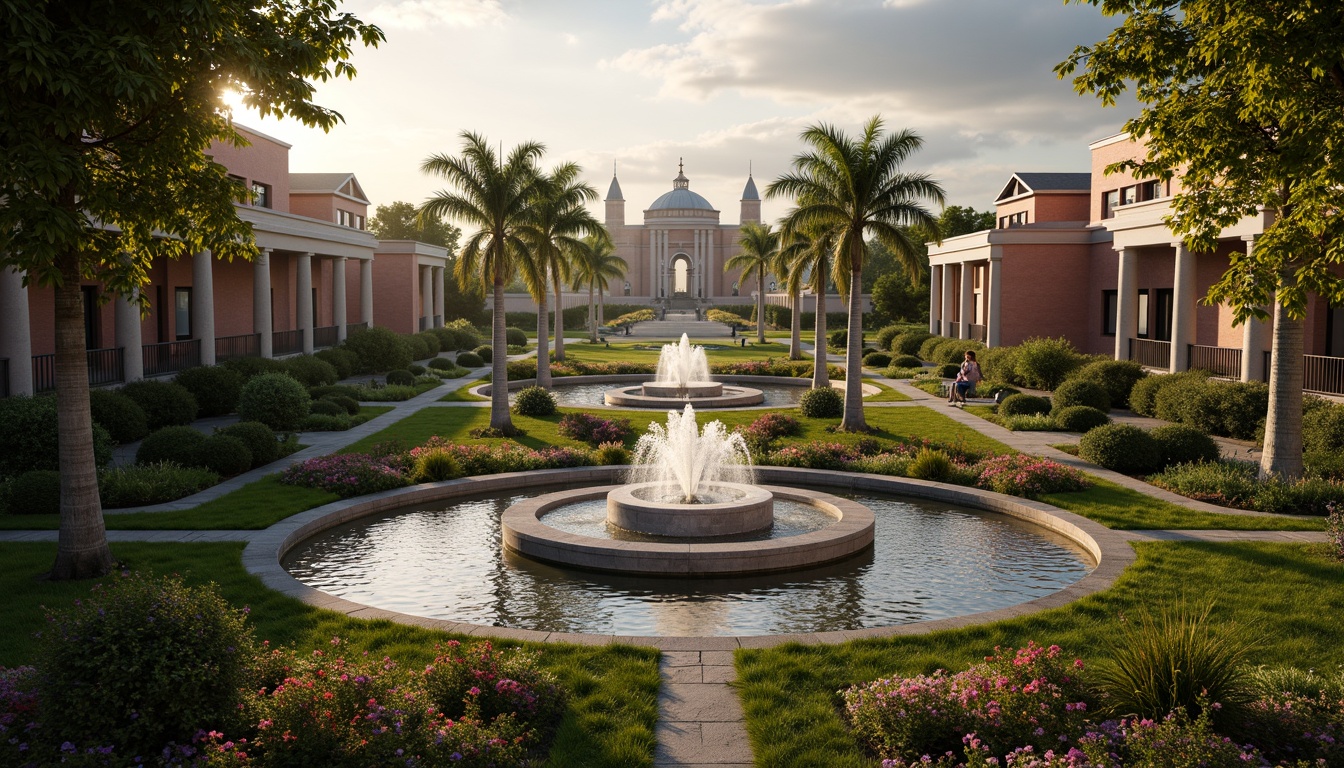 Prompt: Grandiose fountains, ornate sculptures, lush greenery, curved walkways, vibrant flowerbeds, majestic stone columns, intricate ironwork, symmetrical garden layouts, serene water features, dramatic lighting effects, warm golden hour, soft focus, shallow depth of field, 2/3 composition, atmospheric perspective, realistic textures, ambient occlusion.