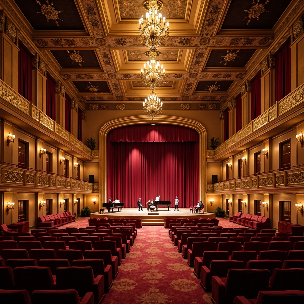 Prompt: Grand concert hall, luxurious velvet seats, ornate golden balconies, dramatic spotlights, suspended acoustic panels, polished wooden floors, grand pianos, elegant chandeliers, soft warm lighting, shallow depth of field, 3/4 composition, panoramic view, realistic textures, ambient occlusion, intimate setting, optimal seating arrangements, unobstructed sightlines, premium sound quality, state-of-the-art audio equipment, vibrant red curtains, plush VIP lounges, sophisticated interior design.