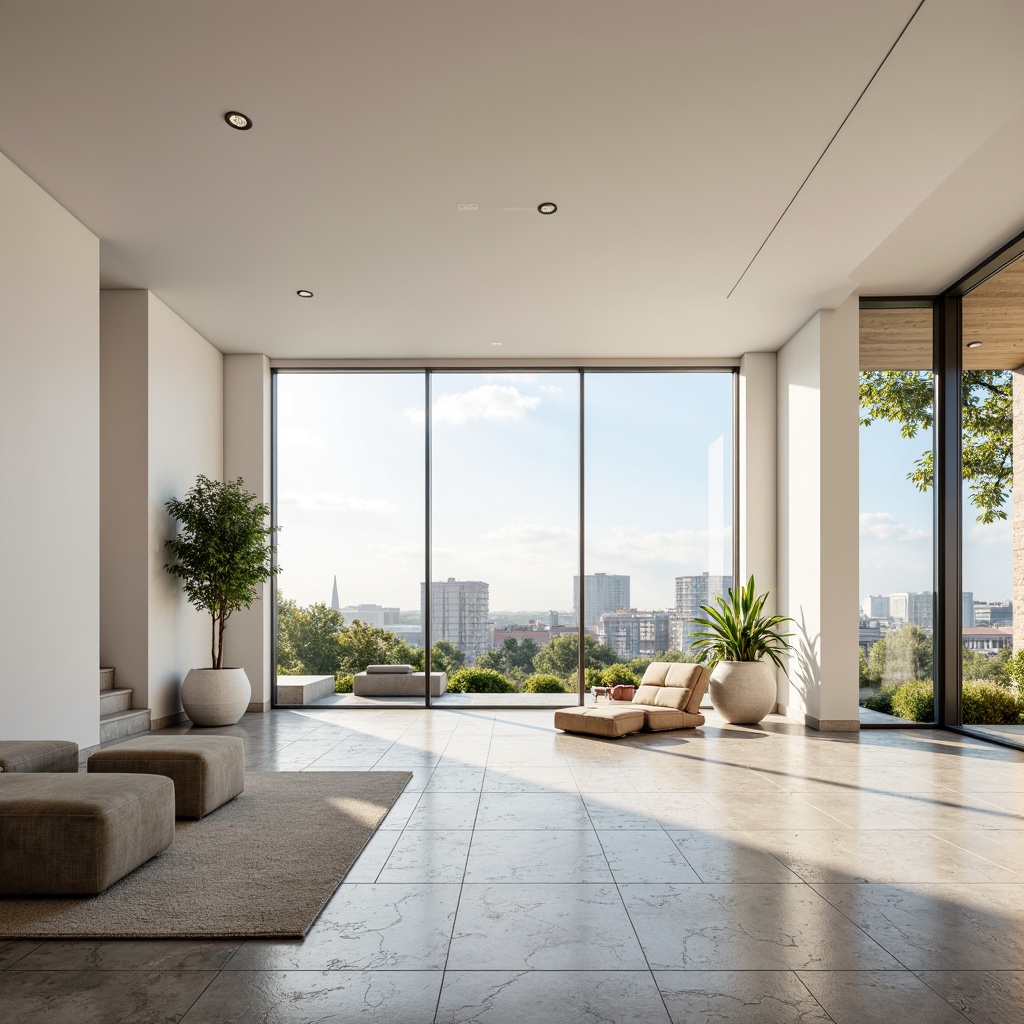 Prompt: Simple white walls, large windows, sliding glass doors, minimal ornamentation, natural stone floors, wooden accents, sleek lines, open floor plan, abundant natural light, soft warm glow, shallow depth of field, 3/4 composition, panoramic view, realistic textures, ambient occlusion, urban skyline views, cityscape background, modern minimalist architecture, eco-friendly materials, sustainable design elements.