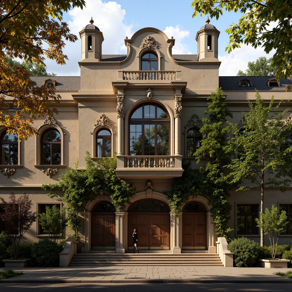 Prompt: Rustic institute building, Romanesque facade, arched windows, ornate stone carvings, grand entrance, heavy wooden doors, intricate metalwork, gothic-inspired towers, weathered stone walls, lush green ivy, warm golden lighting, shallow depth of field, 1/1 composition, dramatic shadows, realistic textures, ambient occlusion.