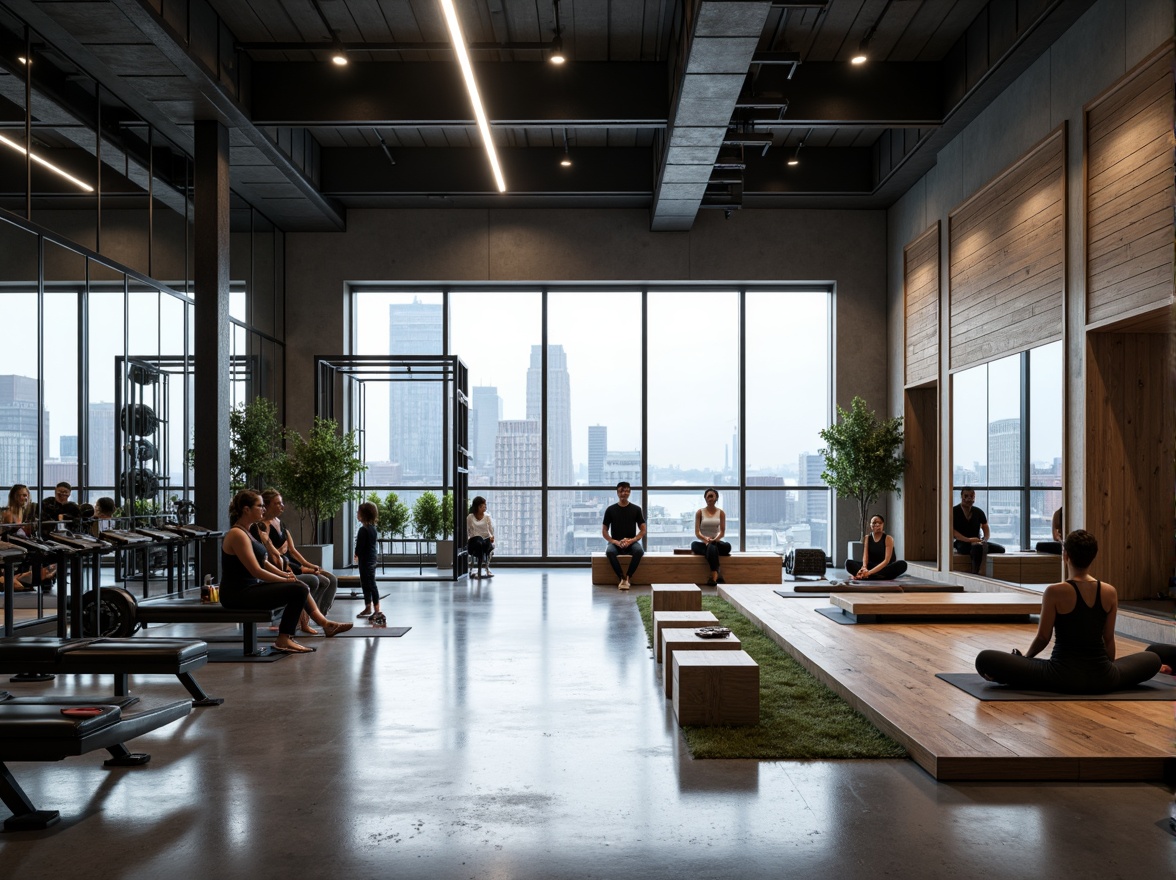 Prompt: Clean lines, monochromatic color scheme, industrial metal frames, floor-to-ceiling windows, urban cityscape views, modern minimalist architecture, polished concrete floors, sleek LED lighting, mirrored walls, state-of-the-art fitness equipment, free weights area, yoga zones, meditation rooms, wooden accents, natural textures, abundant natural light, 1/1 composition, shallow depth of field, realistic reflections, ambient occlusion.Let me know if this meets your expectations!