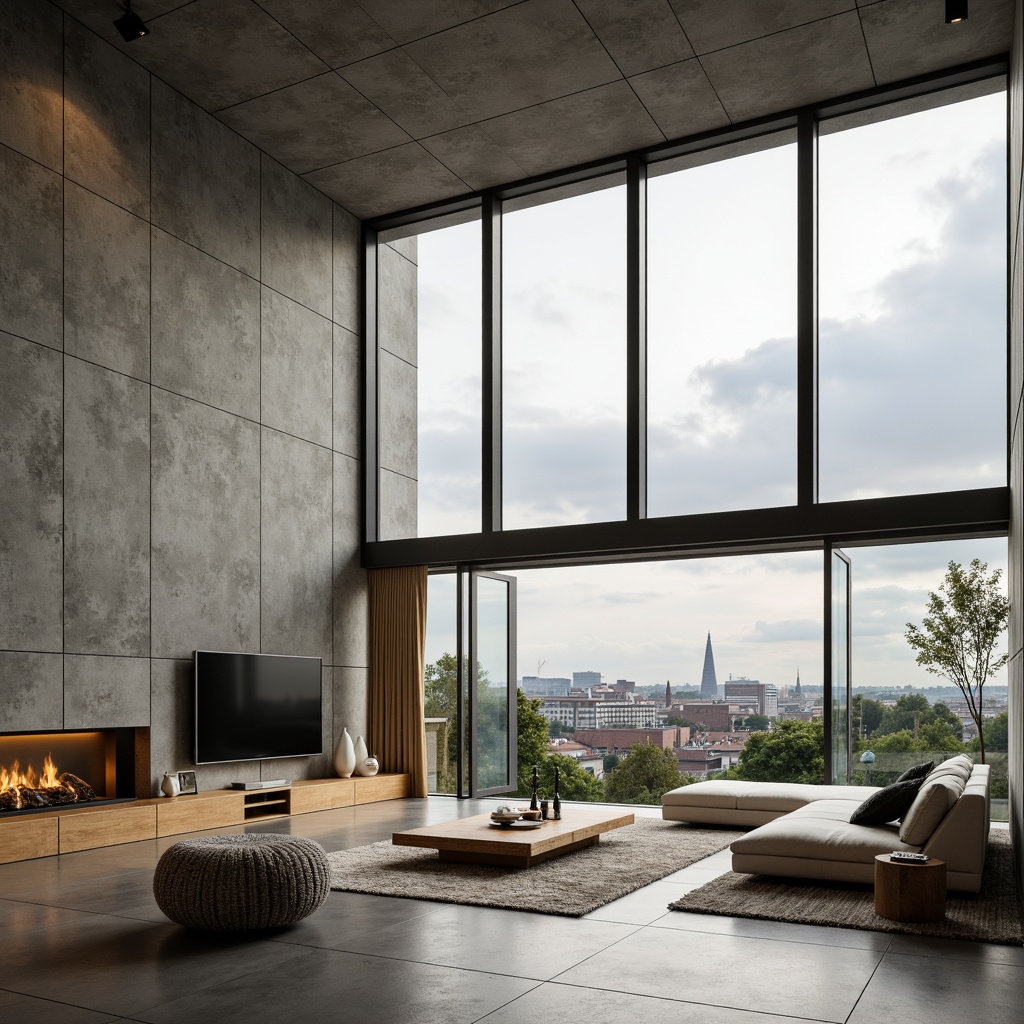 Prompt: Minimalist living room, large windows, sliding glass doors, natural stone walls, polished concrete floors, low-profile furniture, sleek lines, monochromatic color scheme, abundant natural light, soft warm glow, shallow depth of field, 3/4 composition, panoramic view, realistic textures, ambient occlusion, urban cityscape background, cloudy sky, gentle breeze.