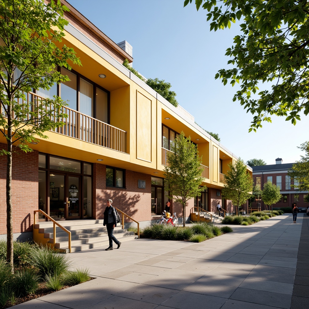 Prompt: Colorful school facade, plasticrete exterior walls, vibrant yellow accents, decorative brick patterns, modern minimalist design, large windows, glass doors, metal railings, educational signage, disabled access ramps, bicycle racks, shaded outdoor spaces, eco-friendly materials, sustainable architecture, natural stone walkways, blooming trees, sunny day, soft warm lighting, shallow depth of field, 3/4 composition, panoramic view, realistic textures, ambient occlusion.