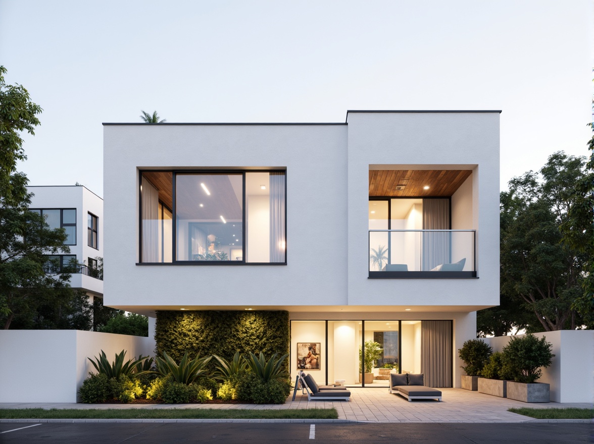 Prompt: Simple white facade, clean lines, minimal ornamentation, large windows, sliding glass doors, industrial metal frames, neutral color palette, subtle texture variations, flat roof, hidden gutters, recessed entrances, cantilevered balconies, vertical green walls, potted plants, natural stone accents, soft warm lighting, shallow depth of field, 2/3 composition, realistic materials, ambient occlusion.