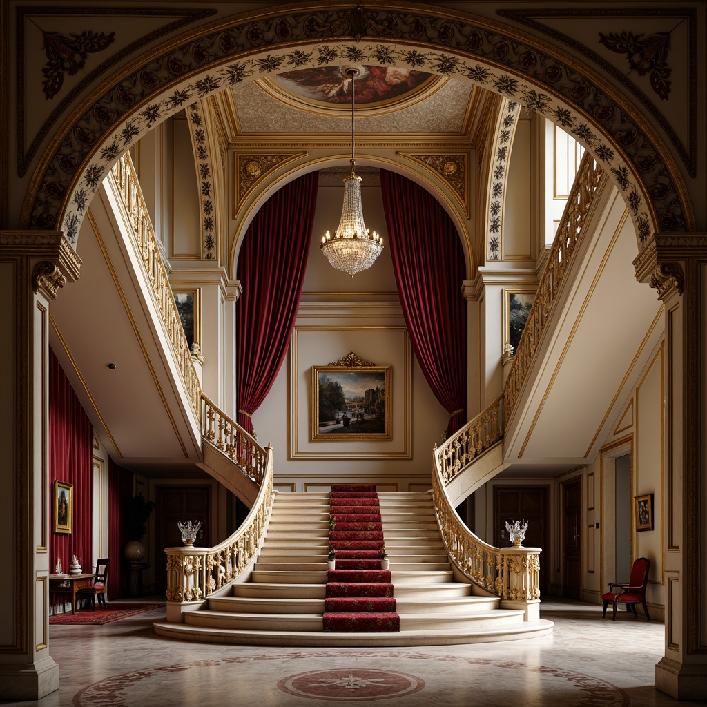 Prompt: Intricate carvings, ornate moldings, lavish ornamentation, luxurious materials, velvet drapes, gilded accents, crystal chandeliers, marble floors, grand staircases, sweeping archways, regal color palette, rich textures, subtle patterns, soft warm lighting, shallow depth of field, 1/2 composition, atmospheric perspective, realistic reflections, ambient occlusion.