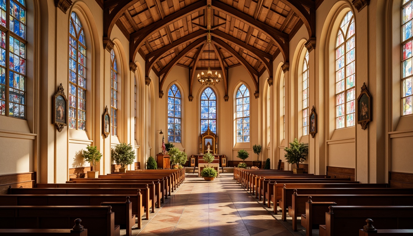 Prompt: Sacred church interior, warm beige walls, rich wooden accents, stained glass windows, vibrant blue and red hues, ornate golden details, subtle cream textures, soft warm lighting, serene atmosphere, peaceful ambiance, classic architectural design, tall ceilings, grand entrance, symmetrical composition, realistic materials, ambient occlusion.