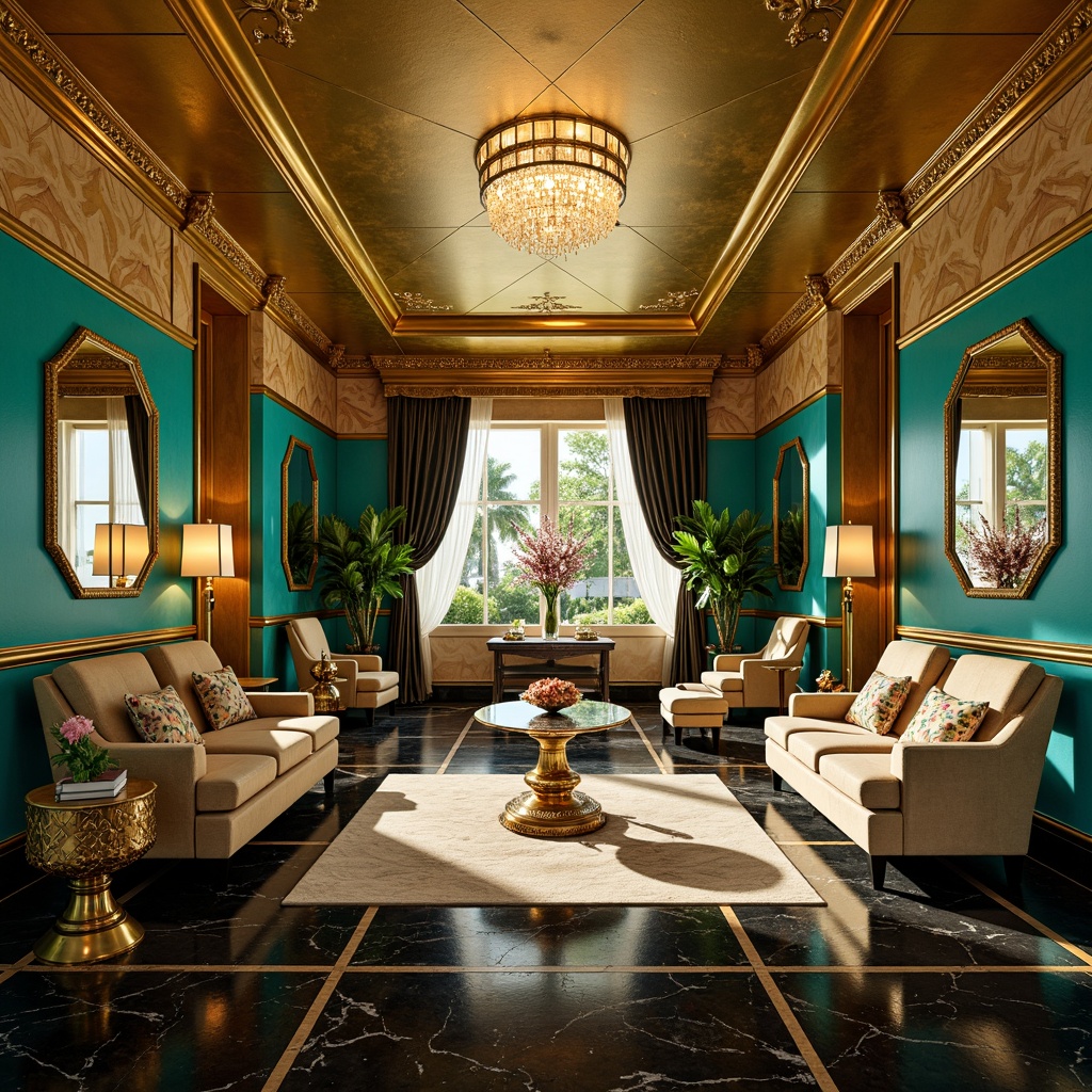 Prompt: Opulent Art Deco mansion, luxurious golden accents, ornate metallic details, bold geometric patterns, vibrant turquoise walls, rich velvet fabrics, lavish crystal chandeliers, sleek black marble floors, intricate inlays, glamorous Hollywood Regency style, sun-kissed Miami Beach ambiance, warm golden lighting, shallow depth of field, 1/2 composition, ornate mirror reflections, dramatic shadows, realistic metallic textures.