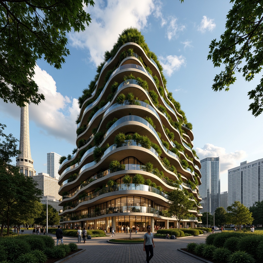 Prompt: Curved skyscraper, organic fa\u00e7ade, green walls, lush vegetation, natural light pouring, floor-to-ceiling windows, open-air atriums, minimalist interior design, wooden accents, earthy tones, soft shadows, warm ambient lighting, 1/2 composition, shallow depth of field, realistic textures, atmospheric perspective, dramatic cloud formations, bright blue sky.