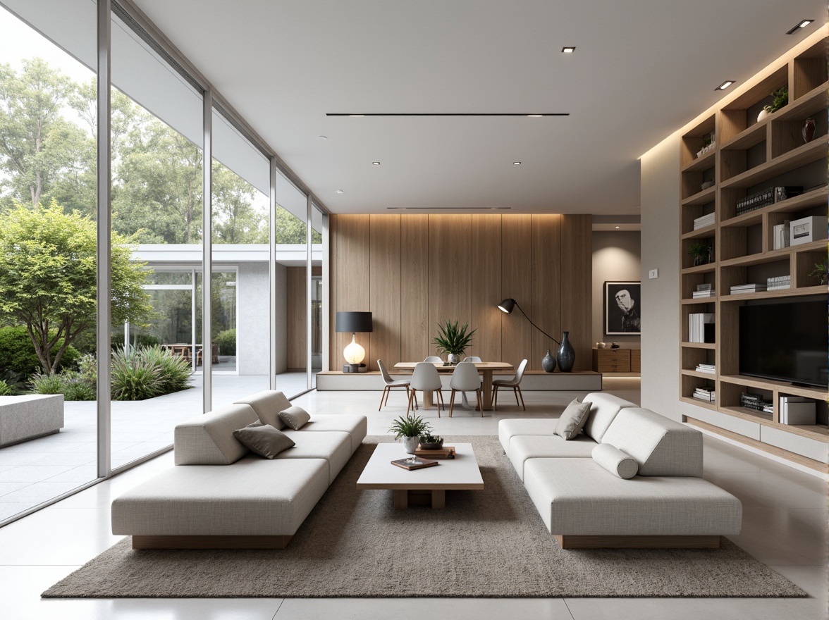 Prompt: Minimalist living room, sleek low-profile furniture, neutral color palette, plenty of natural light, floor-to-ceiling windows, sliding glass doors, open-plan layout, multi-functional spaces, compact storage solutions, modular shelving units, hidden LED lighting, textured area rugs, metallic accent walls, 1/1 composition, softbox lighting, shallow depth of field.