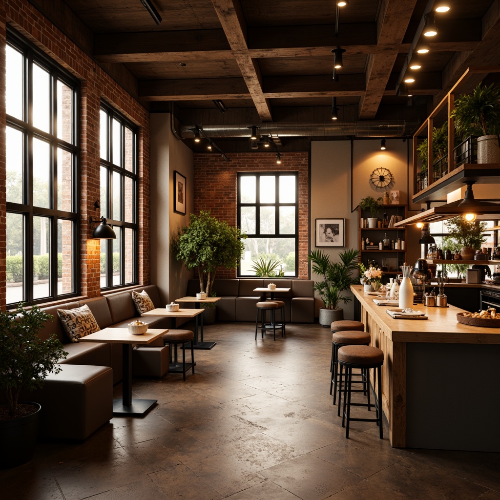 Prompt: Cozy coffee shop atmosphere, warm golden lighting, industrial metal fixtures, exposed brick walls, reclaimed wood accents, comfortable seating areas, intimate corner nooks, pendant lamps, soft warm glow, natural daylight, floor-to-ceiling windows, modern minimalist decor, earthy tone color scheme, rustic wooden tables, vintage decorative items, relaxed ambiance, 1/1 composition, shallow depth of field, soft focus, warm color temperature.