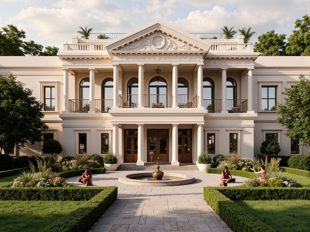 Prompt: Elegant office building facade, grand entrance, symmetrical architecture, ornate details, Corinthian columns, classical pediments, manicured lawns, trimmed hedges, vibrant flower beds, meandering walkways, natural stone paving, bronze statues, sculptures, water features, tranquil fountains, subtle lighting, warm beige tones, refined textures, 1/2 composition, slight blur effect, realistic rendering, ambient occlusion.