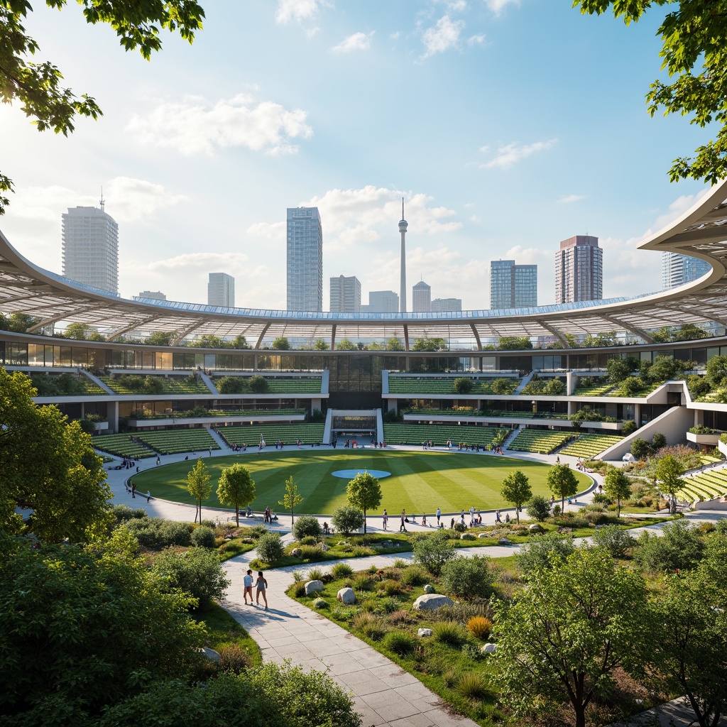 Prompt: Eco-friendly stadium, green roofs, solar panels, wind turbines, rainwater harvesting systems, recycled materials, low-carbon concrete, energy-efficient lighting, natural ventilation, living walls, urban agriculture, vibrant greenery, modern futuristic architecture, curved lines, transparent fa\u00e7ades, minimal waste design, innovative water conservation, sustainable transportation systems, bike-friendly infrastructure, electric vehicle charging stations, educational eco-signs, interactive sustainability exhibits, sunny day, soft warm lighting, shallow depth of field, 3/4 composition, panoramic view.