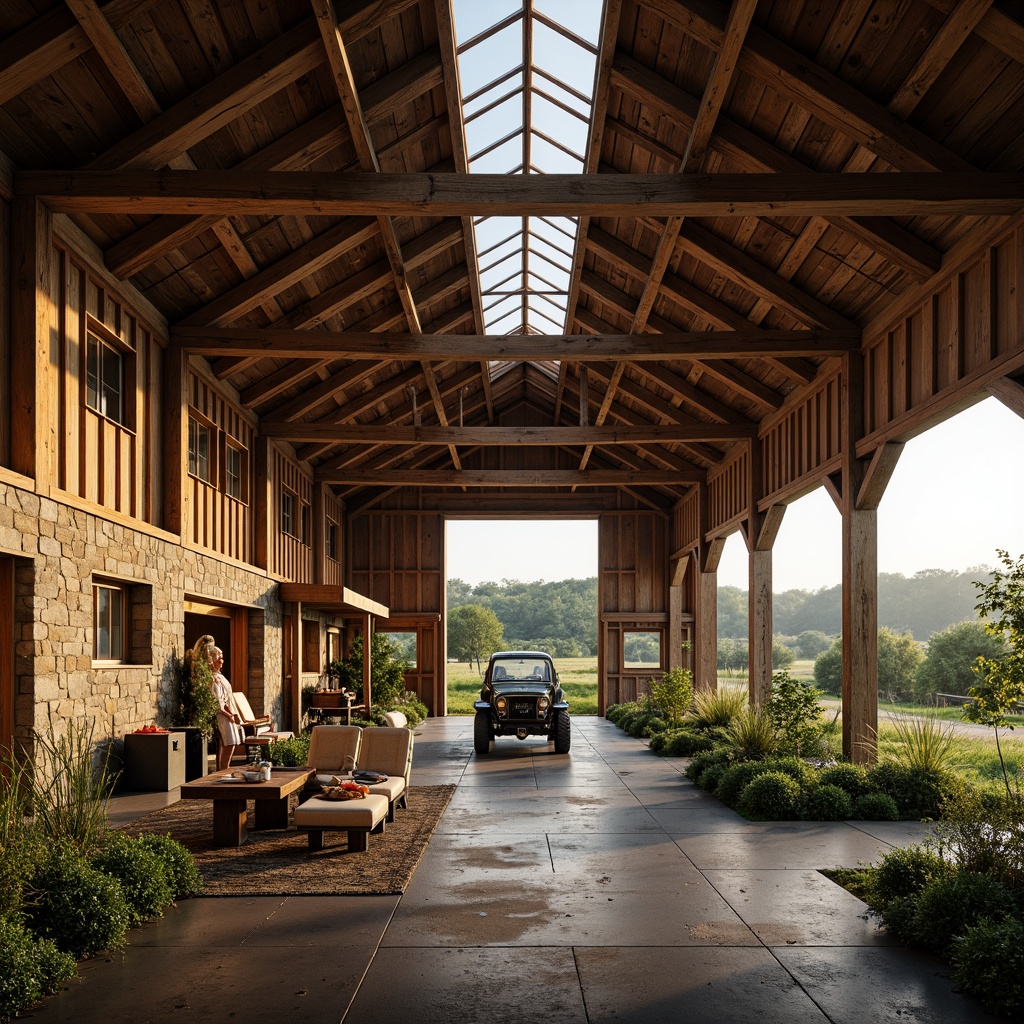 Prompt: Rustic barn, wooden beams, exposed trusses, natural stone walls, earthy tones, vast open spaces, abundant windows, skylights, clerestory windows, soft diffused light, warm golden hues, rustic metal accents, reclaimed wood floors, vintage farm equipment, lush greenery, overgrown meadows, rural landscape, serene atmosphere, gentle breeze, subtle shadows, 1/1 composition, shallow depth of field, realistic textures.