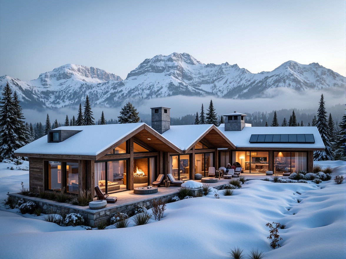 Prompt: Snow-capped mountains, wooden ski lodges, rustic stone foundations, cantilevered roofs, large windows, glass facades, modern minimalist design, sustainable energy solutions, solar panels, wind turbines, green roofs, eco-friendly materials, innovative heating systems, cozy fireplaces, warm ambient lighting, natural textiles, reclaimed wood accents, steel beams, concrete floors, dynamic angular lines, futuristic ski lifts, snowy winter landscapes, frozen lakes, pine tree forests, misty mornings, soft warm lighting, shallow depth of field, 3/4 composition, panoramic view, realistic textures, ambient occlusion.