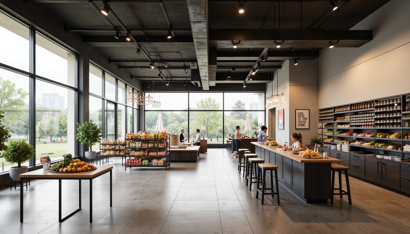 Prompt: Minimalist grocery store interior, industrial-chic decor, exposed ductwork, polished concrete floors, steel shelving units, geometric display racks, functional minimal signage, natural light pouring in through large windows, open ceiling with visible pipes, modern track lighting, sleek cashiers, simple wooden tables, metal stools, bold typography, primary color accents, functional simplicity, 1/1 composition, high contrast lighting, realistic textures, ambient occlusion.