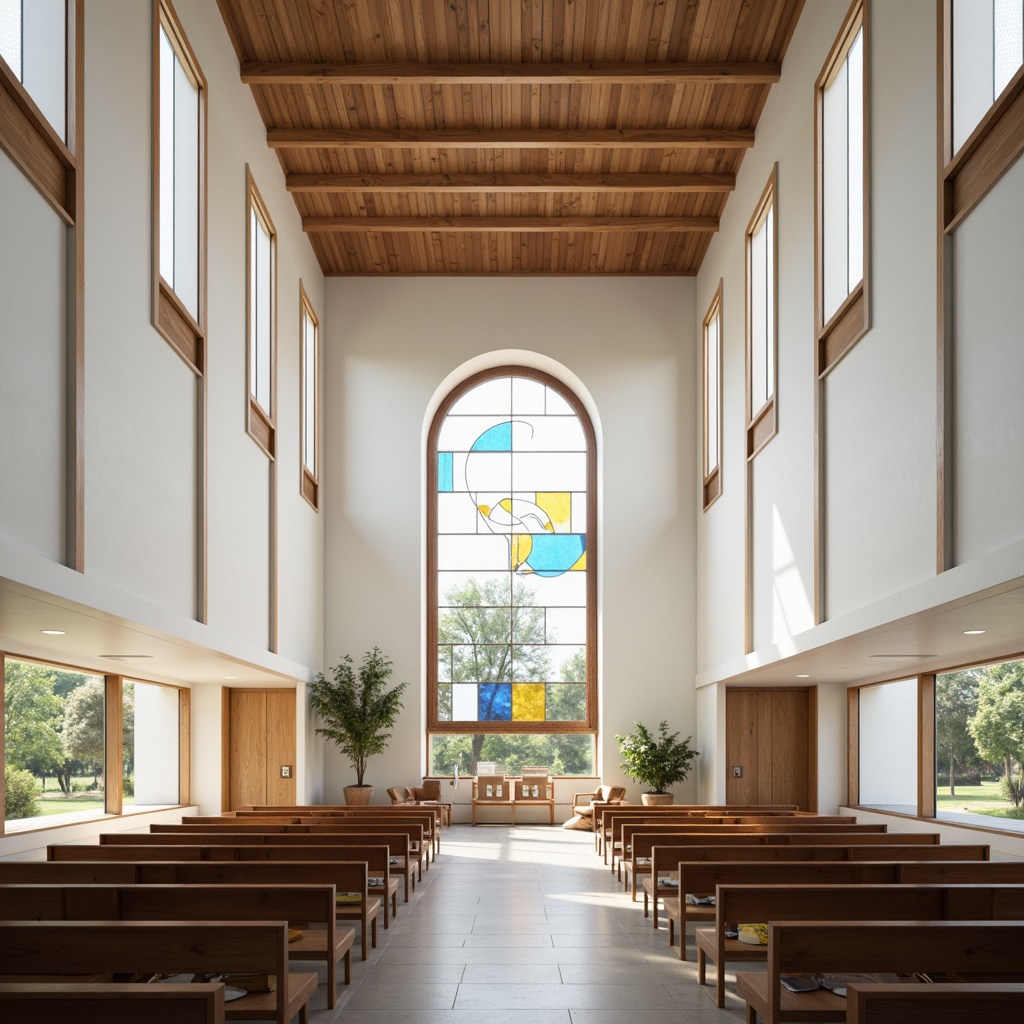 Prompt: Sacred modern chapel, minimalistic white walls, sleek wooden accents, stained glass windows, soft warm lighting, subtle earthy tones, natural stone floors, calming blue hues, gentle gold details, abstract geometric patterns, minimalist decor, peaceful ambiance, shallow depth of field, 1/1 composition, realistic textures, ambient occlusion.Let me know if you need any adjustments!