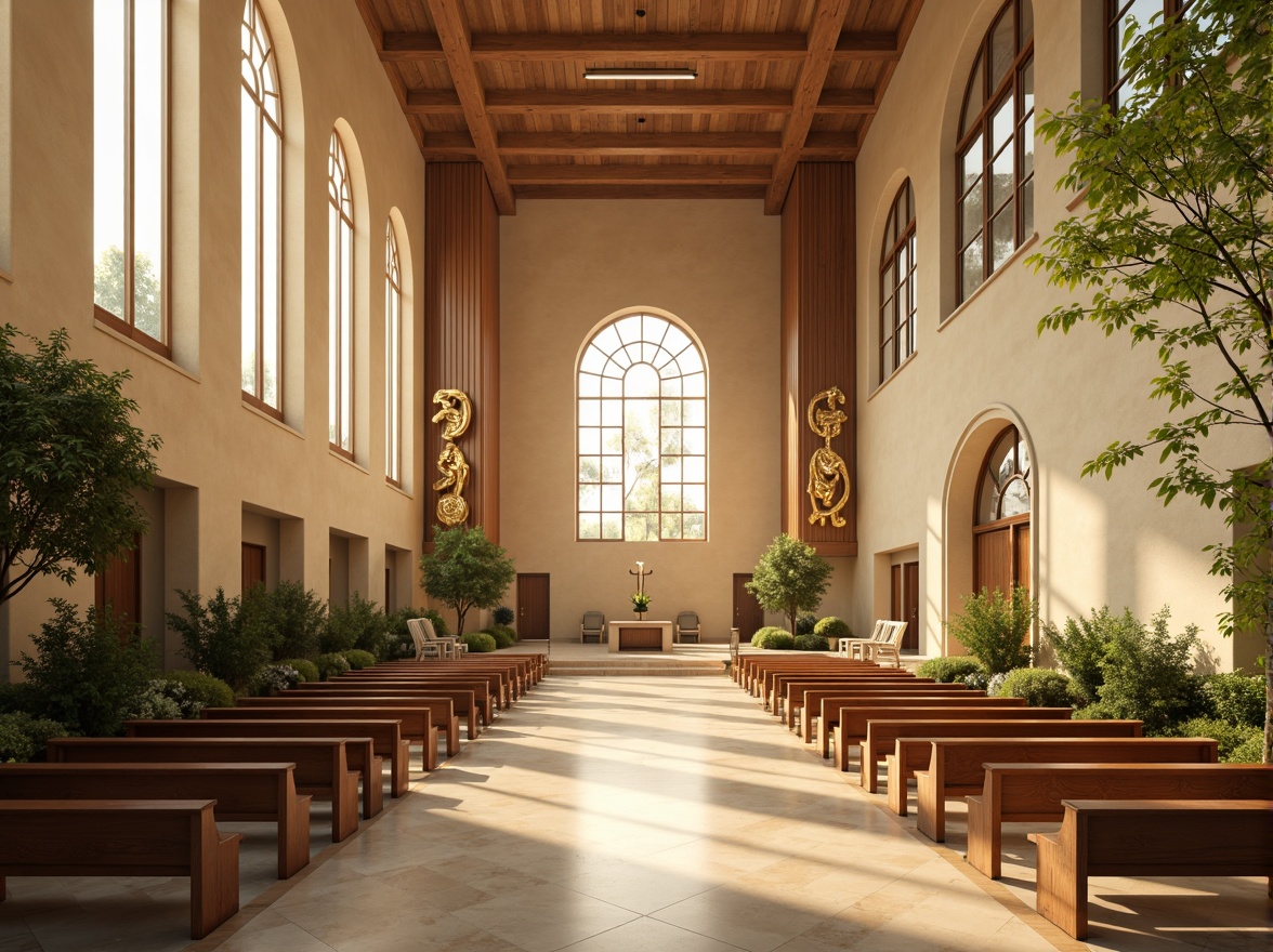 Prompt: Elegant worship hall, cream-colored marble floors, soft golden lighting, minimalist wooden pews, abstract stained glass windows, neutral beige walls, ornate metalwork details, warm earthy tones, serene ambiance, natural stone accents, subtle spiritual symbols, modern geometric patterns, calming water features, lush greenery, peaceful atmosphere, soft focus, shallow depth of field, 1/1 composition.