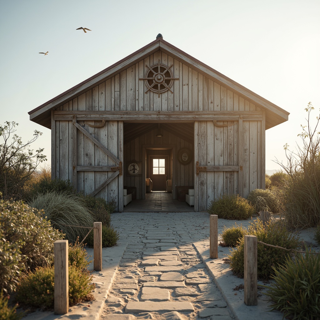 Prompt: Weathered beachside barn, driftwood accents, nautical rope details, rusty metal corrugated roofs, reclaimed wood planks, sandy dunes, sea oats, beach morning mist, warm sunlight, soft focus, shallow depth of field, 1/1 composition, symmetrical framing, natural textures, ambient occlusion, ocean breeze sounds, seagulls flying overhead, gentle waves crashing, beachy keystone pathway, succulent plants, pebble stone walls, distressed wood fences, nautical navigation instruments.