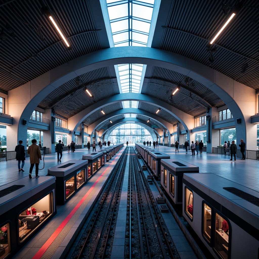 Prompt: Futuristic metro station, high-ceilinged architecture, sleek modern design, advanced lighting systems, LED strip lights, neon accents, dynamic color schemes, futuristic rail tracks, high-speed trains, bustling passenger traffic, urban cityscape, evening ambiance, soft warm glow, shallow depth of field, 3/4 composition, panoramic view, realistic textures, ambient occlusion.