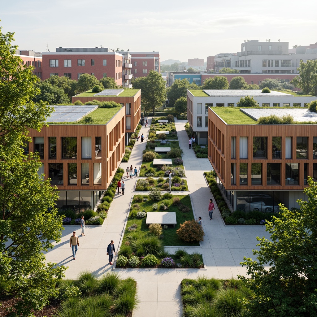 Prompt: Eco-friendly social housing complex, verdant green roofs, solar panels, rainwater harvesting systems, natural ventilation, recycled materials, energy-efficient appliances, community gardens, vibrant street art, modern minimalistic architecture, angular lines, large windows, glass facades, open public spaces, shaded walkways, accessible ramps, inclusive playgrounds, educational murals, urban agriculture, green walls, low-carbon footprint, 1/1 composition, soft warm lighting, realistic textures, ambient occlusion.