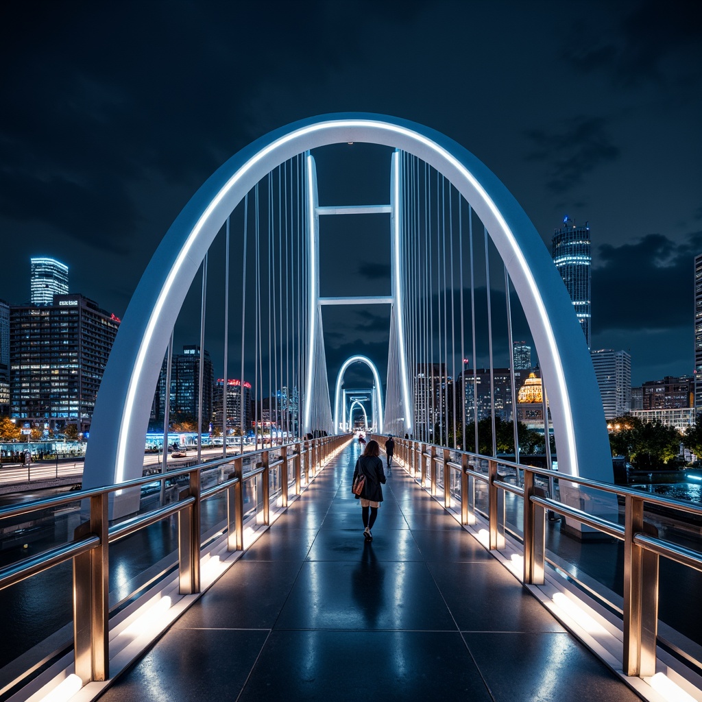 Prompt: Futuristic suspension bridge, sleek metal arches, LED lighting strips, urban cityscape, bustling highway traffic, modern skyscrapers, polished steel railings, transparent glass floors, minimalist pillars, geometric shapes, neon-lit nighttime, shallow depth of field, 1/1 composition, low-angle shot, realistic reflections, ambient occlusion.