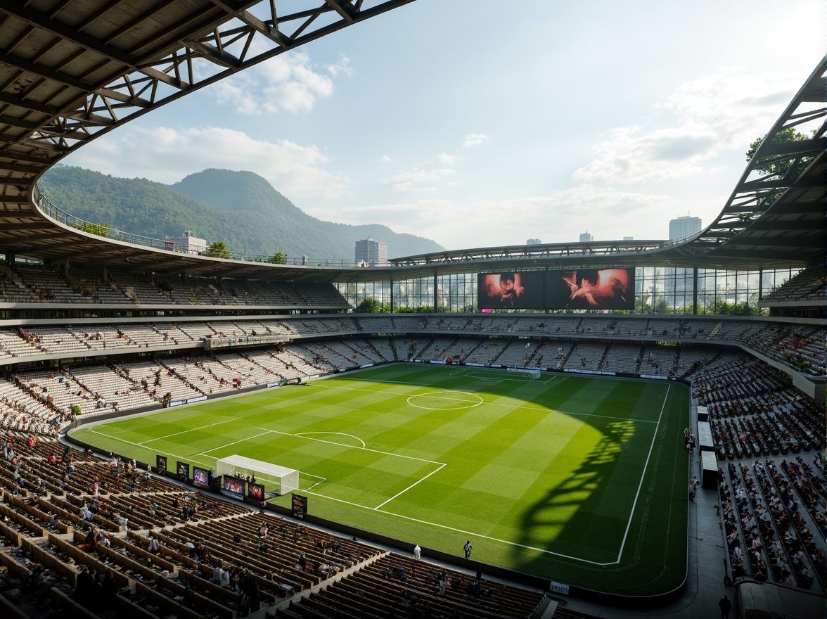 Prompt: Modern soccer stadium, sleek curved lines, vibrant green turf, goalposts, player benches, scoreboard displays, spectator seating areas, open concourses, concession stands, VIP lounges, natural stone facades, cantilevered roofs, steel beam structures, translucent canopies, atmospheric lighting, 3/4 composition, low-angle shots, dramatic shadows, realistic textures, ambient occlusion, lush surrounding landscape, rolling hills, urban skyline views, warm sunny day, soft warm lighting.