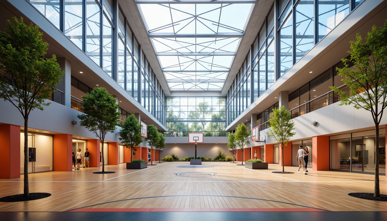 Prompt: Modern gymnasium interior, translucent roofing, natural daylight, diffused lighting, minimalist architecture, sleek metal beams, polished wooden floors, athletic equipment, basketball hoops, tennis courts, sports flooring, vibrant color accents, dynamic textures, ambient occlusion, soft warm lighting, shallow depth of field, 3/4 composition, realistic reflections, panoramic view.